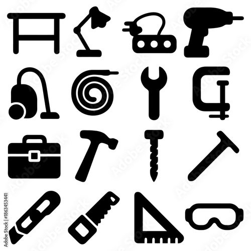 Essential Tool Icons: A collection of various workshop tools, each a symbol of precision and craftsmanship, arranged for easy understanding and professional use.
