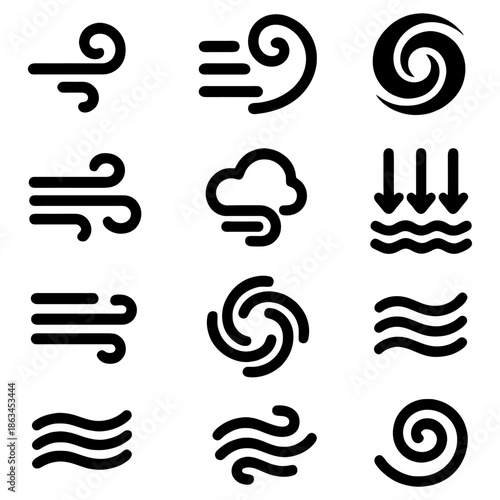 Wind Icons: Set of symbolic illustrations of wind-related phenomena, ranging from gentle breezes to powerful gusts.