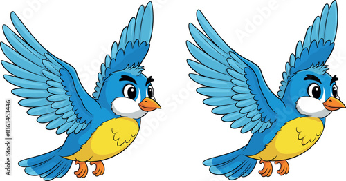 Two Cute Cartoon Blue Bird Characters with Yellow Chests Flying, Happy Songbird Mascot with Expressive Brows Vector Illustration Set.