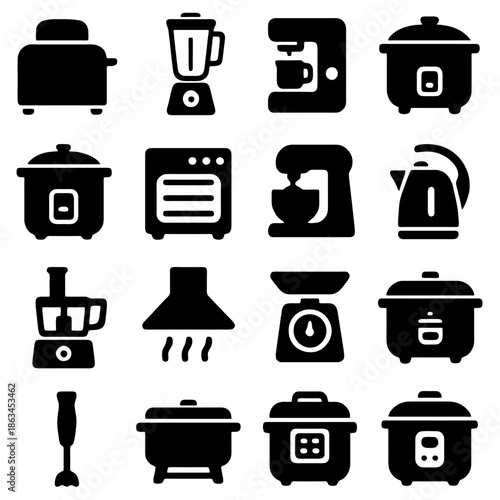 Culinary Symphony: A sleek, minimalistic array of kitchen appliances, poised to orchestrate culinary masterpieces. Each silhouette sings with the promise of delicious creations.