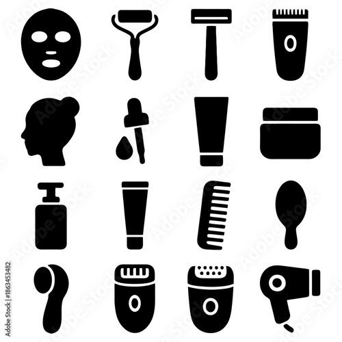 Spa & Beauty Silhouette Collection: An array of minimalist icons showcasing essential beauty tools and skincare items, ideal for illustrating wellness, self-care, and personal grooming rituals.
