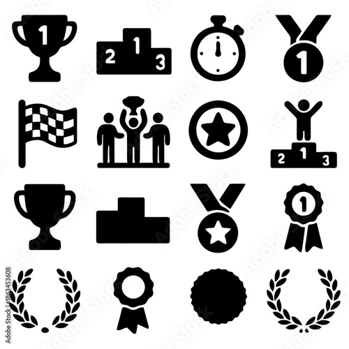 Achievement Icon Set: A comprehensive collection of iconic symbols representing achievement, victory, and recognition. Designed with simplicity, these versatile elements are perfect for any design