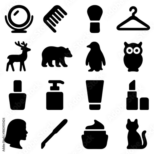Beauty, Animals, and Accessories Silhouette Set: An artistic collection of beauty essentials, animal shapes, and handy accessories rendered in a sleek silhouette style.