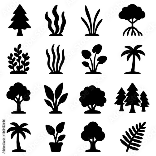Botanical Silhouettes: An array of stylized illustrations, depicting diverse plant life from trees to smaller botanical details.