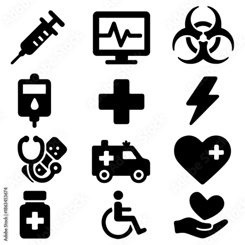 Healthcare Icons: An array of healthcare icons, including a syringe, heart monitor, biohazard symbol, IV drip, medical cross, lightning bolt, stethoscope, ambulance, heart symbol, medicine bottle.