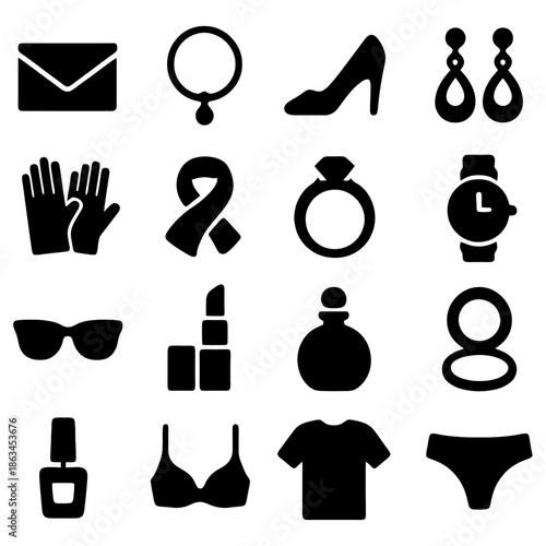 Accessories Icon Set: A collection of meticulously crafted, elegant icons representing the diverse world of fashion accessories and style elements.