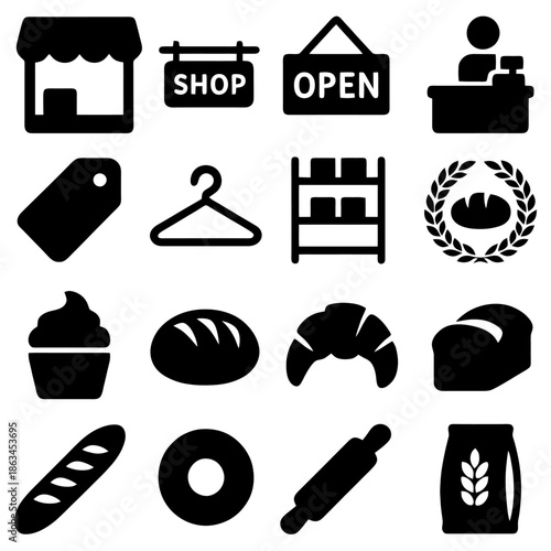Bakery Icons: A collection of simple, yet elegant icons that represent a bakery's elements, with an shop sign, open sign, checkout, bread loaf, croissant, cupcake, flour bag, bakery.