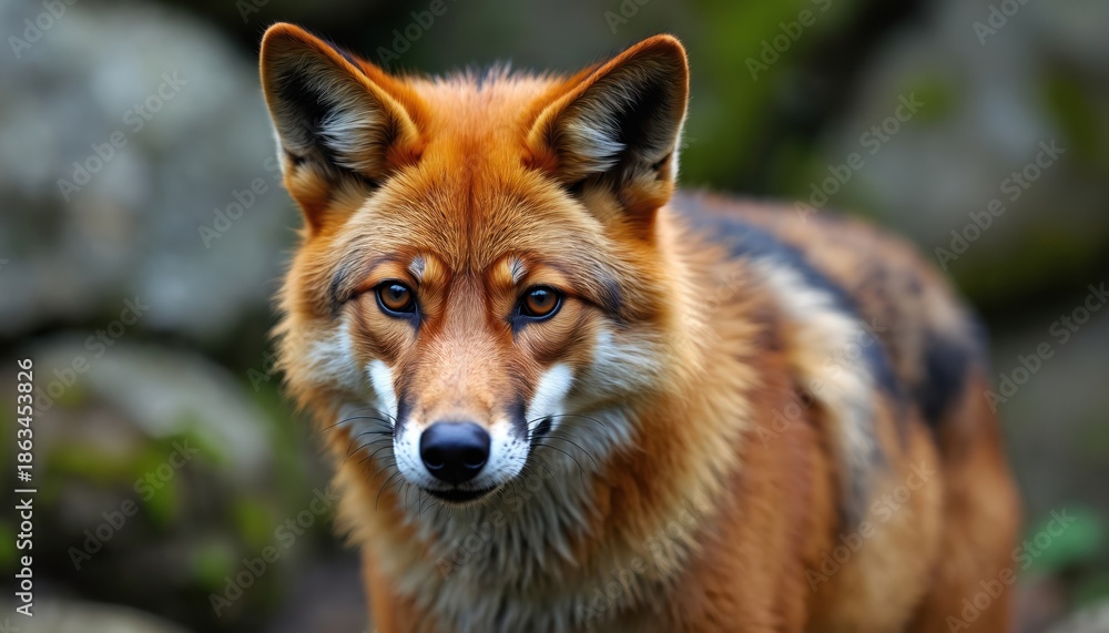 Fototapeta premium Close-up portrait of maned wolf with reddish fur, striking eyes. Wild canine looks directly at camera against blurred natural background. Wildlife photographers, naturalists find photo useful.