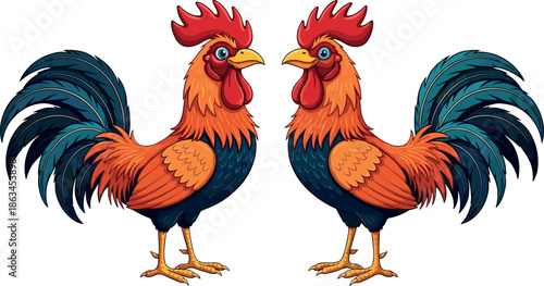 Symmetrical vector cartoon illustration of two vibrant, colorful roosters standing face-to-face, showcasing farm life, poultry, and detailed avian character design for agricultural or mascot branding.