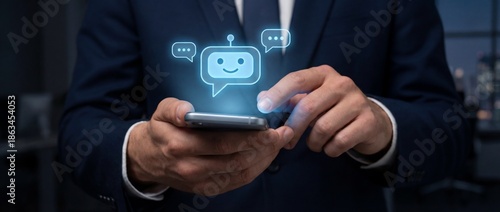 Wallpaper Mural Businessman holding smartphone with glowing blue chatbot icon for artificial intelligence support Torontodigital.ca