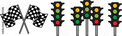 Racing finish flags and traffic light icons set showing start, stop, and signal states for transportation, motorsport, and road safety design