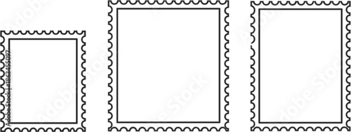 Postage stamp frame set with decorative perforated borders in different sizes, clean outline style for labels, prints, and design templates