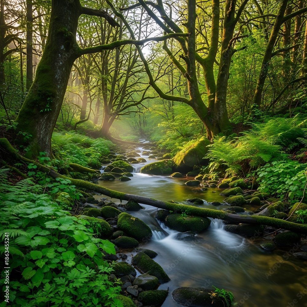 Obraz premium Lush green forest scene depicts a sunlit, moss-covered stream flowing over rocks