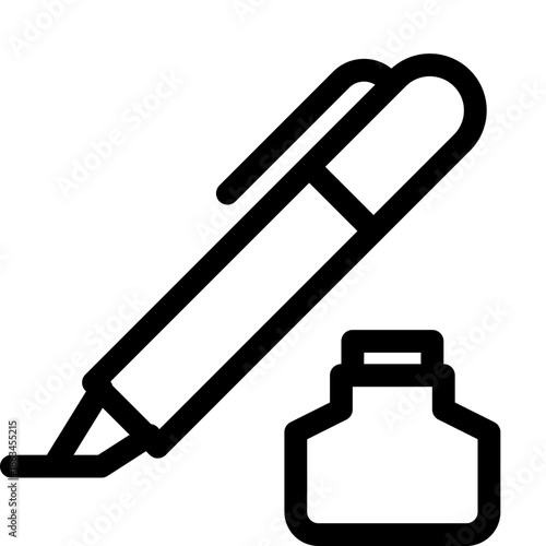 An illustration of a pen and an inkwell on a plain white background viewed from directly above