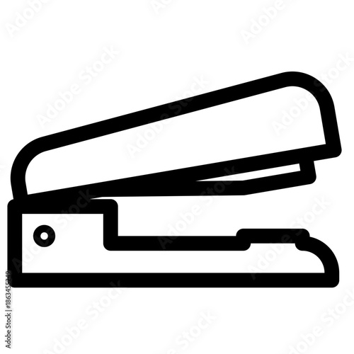 A stapler is depicted in a simple black and white illustration on a plain white background