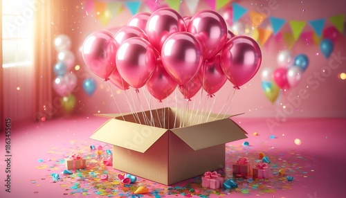 Bunch Several Bright Pink Helium Inflatable Birthday Air Balloons Strings Flying Floating Flying Out Corrugated Box Happiness Party Holiday Celebrations Bedroom Background Copy Space Photoshoot