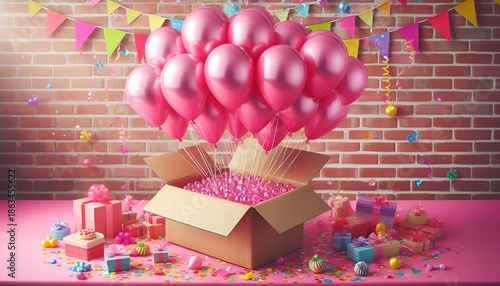 Bunch Several Bright Pink Helium Inflatable Birthday Air Balloons Strings Flying Floating Flying Out Corrugated Box Happiness Party Holiday Celebrations Bedroom Background Copy Space Photoshoot