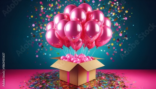 Bunch Several Bright Pink Helium Inflatable Birthday Air Balloons Strings Flying Floating Flying Out Corrugated Box Happiness Party Holiday Celebrations Bedroom Background Copy Space Photoshoot