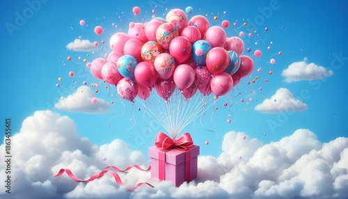Bunch Several Bright Pink Helium Inflatable Birthday Air Luftballons Balloons Strings Flying Floating Flying Out Gift Box Happiness Party Holiday Celebrations Sky Cloud Background CopySpace Photoshoot