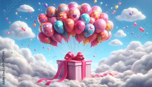 Bunch Several Bright Pink Helium Inflatable Birthday Air Luftballons Balloons Strings Flying Floating Flying Out Gift Box Happiness Party Holiday Celebrations Sky Cloud Background CopySpace Photoshoot