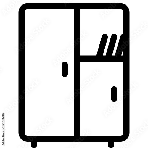 Simple black and white illustration of a two-door cabinet with handles and storage