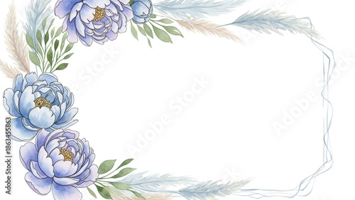 Botanical watercolor corner frame with peonies and pampas grass in pastel blue and lavender isolated on white background