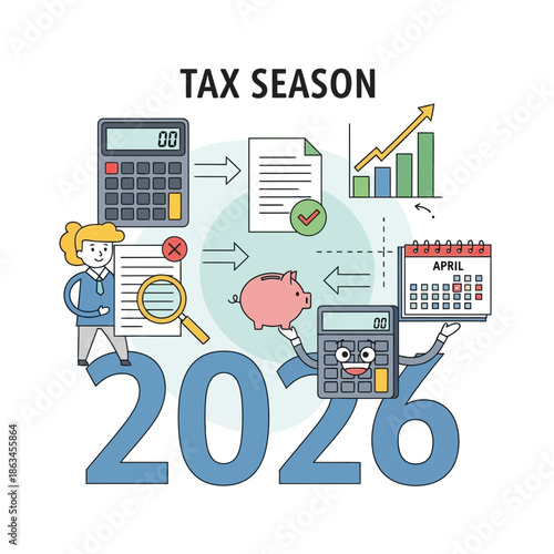 Tax Season 2026: Piggy Bank, Calculator, Calendar, Charts - Financial Planning