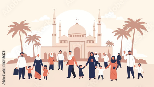 Muslim People Greeting Each Other on Eid in Front of Mosque Flat Illustration