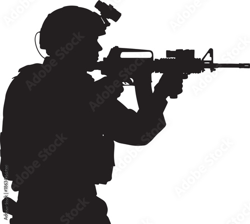 Black soldier silhouette aiming rifle with tactical gear, isolated