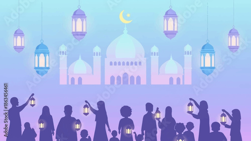 Muslim People Greeting Each Other on Eid in Front of Mosque Flat Illustration