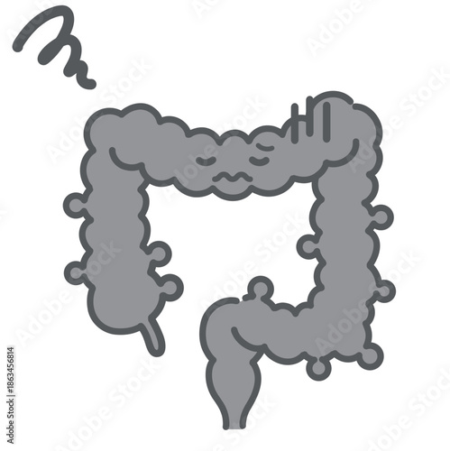 憩室症で不調を訴える大腸のキャラクター（モノクロ・不健康）