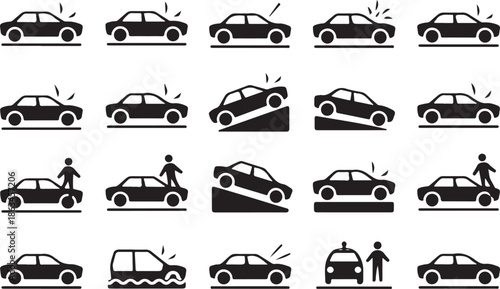 A collection of black car crash icons on white