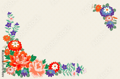 和柄背景 七宝文様と花のフレーム 上品でやさしい生成り色