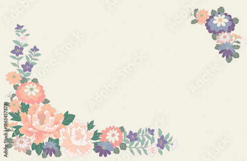 和柄背景 七宝文様と花のフレーム 上品でやさしい生成り色_2