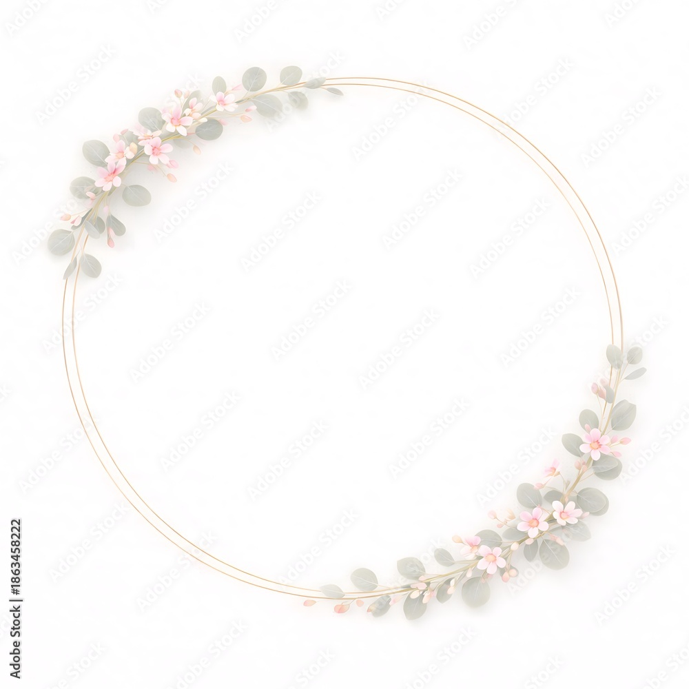 Fototapeta premium Elegant Floral Circular Frame With Green Leaves On White Background