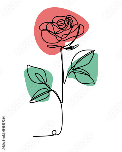 Elegant minimalist line art rose illustration with abstract red and green shapes background, modern decorative floral drawing design for artistic home decor and stationery concept