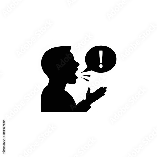 Person speaking loudly with exclamation mark