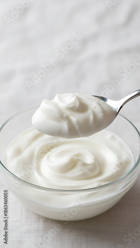 Creamy textured greek yogurt in glass bowl with spoon, Culinary 