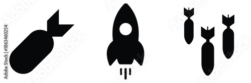 Bomb and Missile Icon Set – Explosive Device, Nuclear Warhead, Burning Fuse Symbol & Military Ordnance Silhouette Vector Collection