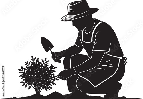 Black gardener silhouette planting a shrub, isolated