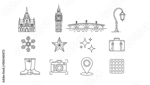 Icon Set, Travel Symbols, Various Landmarks and Travel Essentials, Graphic Illustration, Simple Line Art, Digital Design