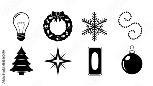 Christmas Decorations Icons Set, Holiday Symbols, Minimalist Design, Digital Illustration, White Background, Flat View, Festive Concept