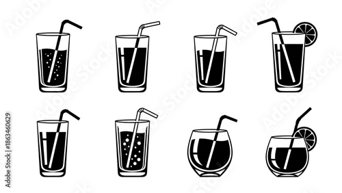 Illustrated variety of refreshing cold drinks with straws and lemon garnish in simple graphic style