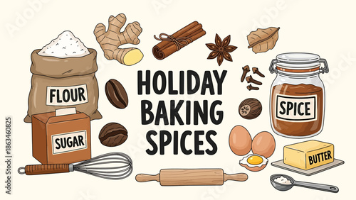 Holiday Baking Spices Ingredients with Flour, Sugar, Butter, Eggs, and Cinnamon in Kitchen Illustration