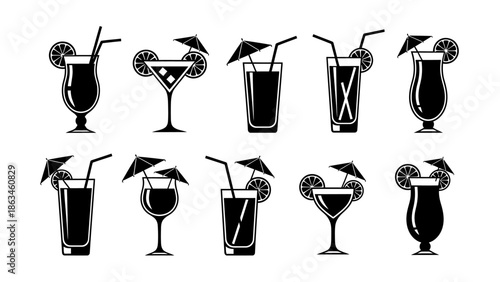 Cocktail Drinks Collection, Glasses with Garnishes, Vector Illustration, Party Beverage Icons, Flat Design, Isolated Set, Graphic Art