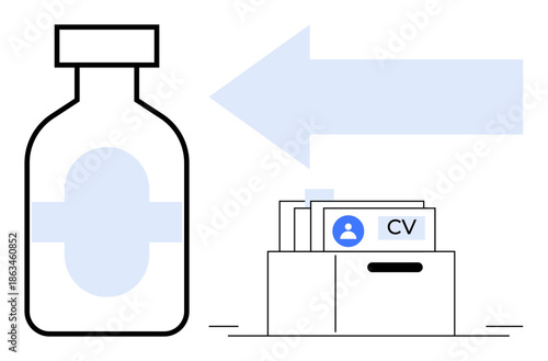 Healthcare employment concept. Healthcare recruitment process with CV files and a medicine bottle. Healthcare connecting professionals with opportunities. For human resources, job search, medical
