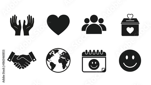 Charity Donation, Volunteering, and Community Support Icons, Graphic Illustration, Simple Design, Flat Style