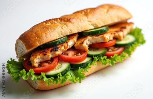 Juicy grilled chicken breast sliced on long with fresh lettuce tomato and cucumber. Delicious homemade sandwich perfect for quick lunch or healthy snack option.