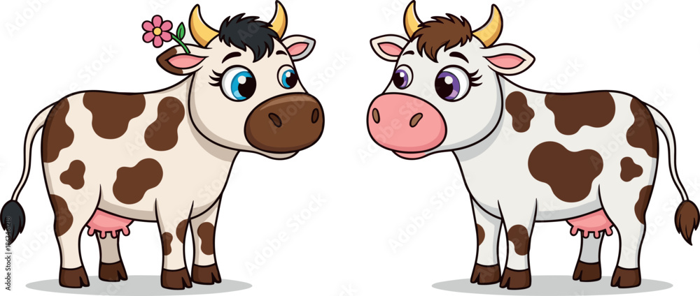 Obraz premium Two Cute Cartoon Spotted Dairy Cow Characters, Happy Farm Animal Mascot Vector Illustration with Flower and Large Eyes.