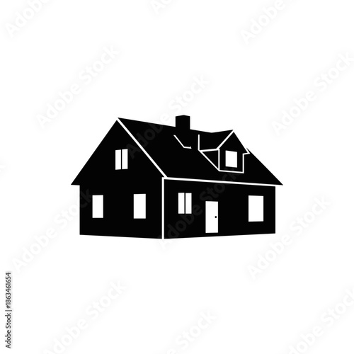 Simple black and white illustration of a detached house with a chimney, windows, and a door, representing home and shelter